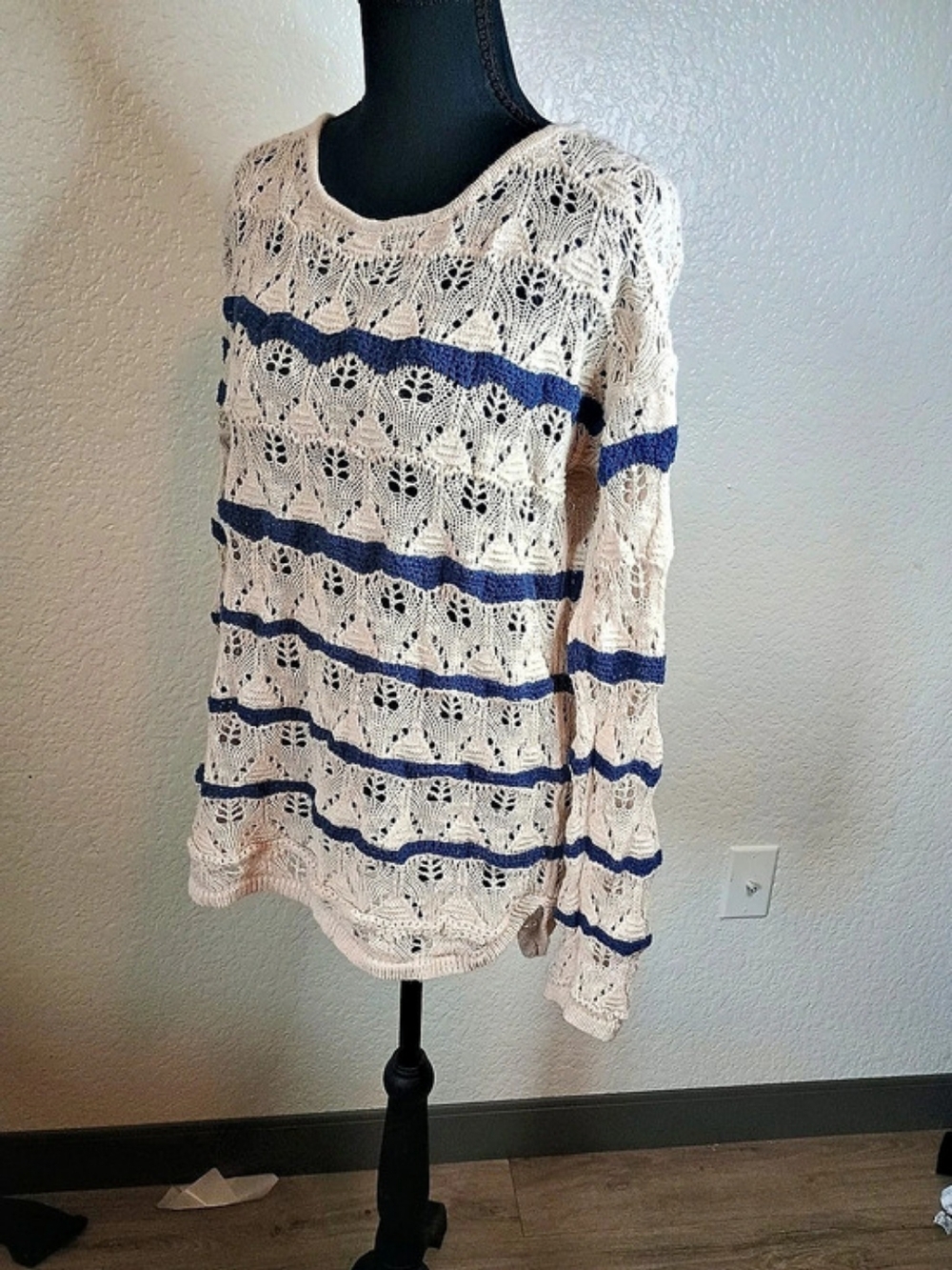 L.O.G.G. Striped Lace Sweater in Cream & Blue Like New